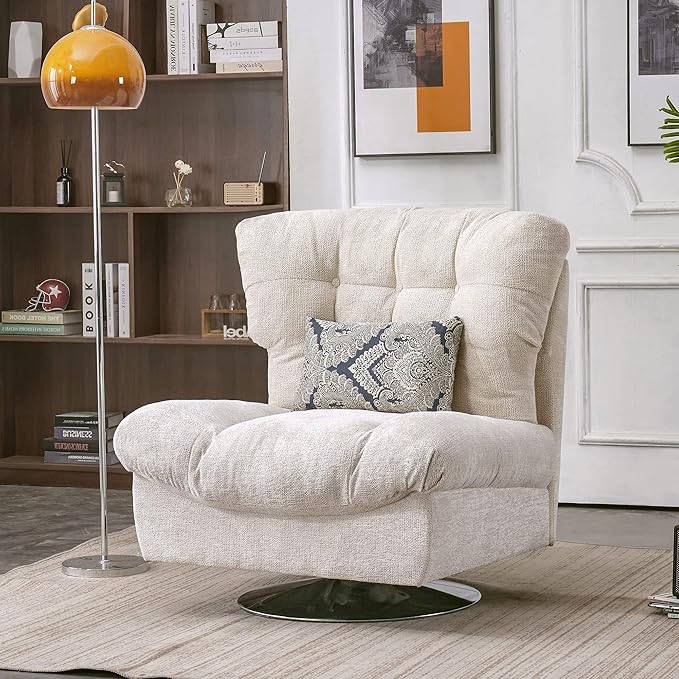 MCombo Swivel Accent Chair Modern Tufted Upholstered Armless Chairs Wide Seat Single Sofa Chair for Living Room Bedroom Nursery Room LW753 (Cream White)