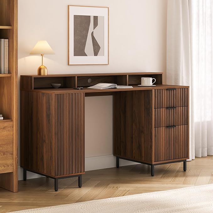 Brown Fluted Executive Desk with Storage Shelf &amp File Drawer 55 Modern Wood Office Desk with Monitor Stand &amp Charging Station Home Writing Computer Table for Work Study