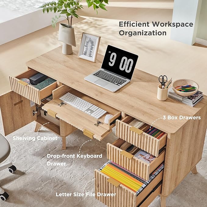 T4TREAM Fluted Executive Desk with Drawers 60 Modern Home Office Computer Desk with Charging Station File Cabinet Keyboard Tray and Storage Cabinet for Study Living Room Bedroom Natural Oak