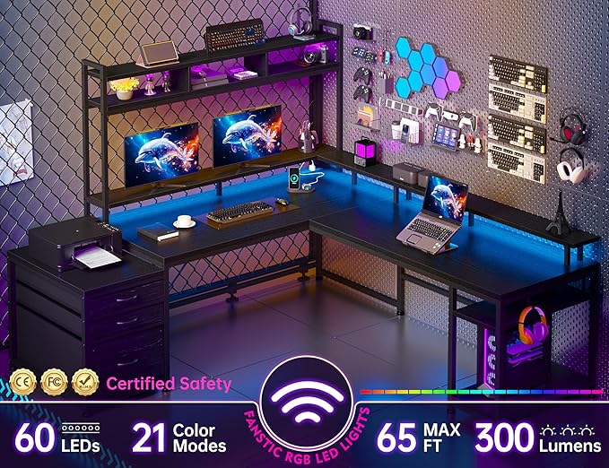 EnHomee 64 x 60 Inches L Shaped Desk with Hutch and Drawers Gaming Desk with Power Outlet &amp Monitor Stand &amp LED Lights Computer Corner Desk Two Person Office Desk for Living Gaming Room B