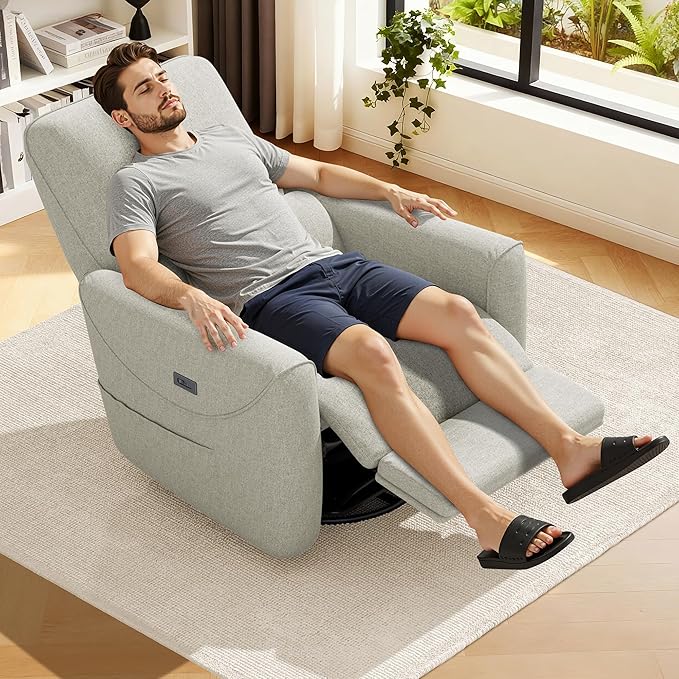 KINGYES Power Recliner Chair 270° Swivel Glider Living Room Recliner with USB-C Port Nursery Rocking Chair Gray