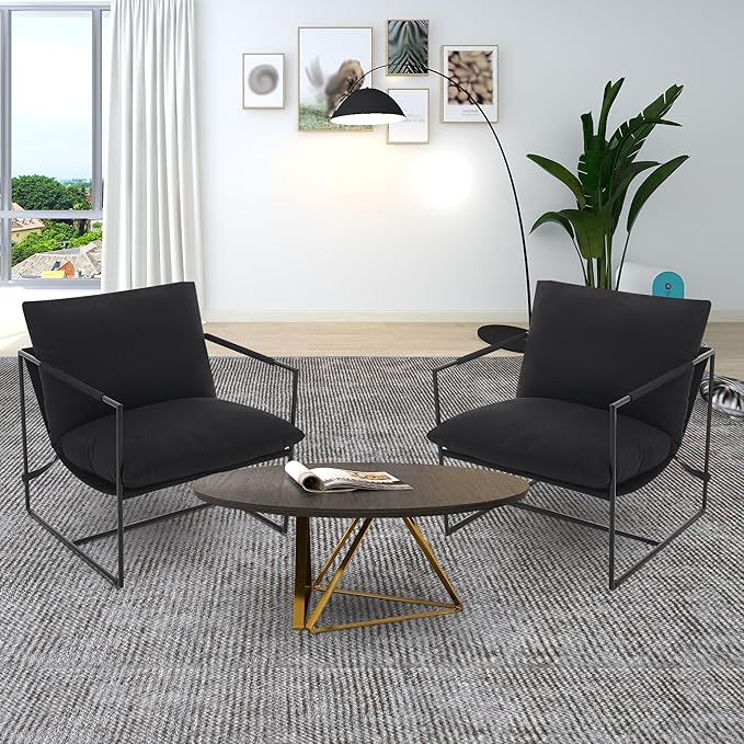IDEALHOUSE Modern Accent Chair Armchair with Metal Frame for Living Room Upholstered Comfy Lounge Chair Cozy Accent Chairs with Soft Cushion for Bedroom Balcony Lounge Reading Room Black
