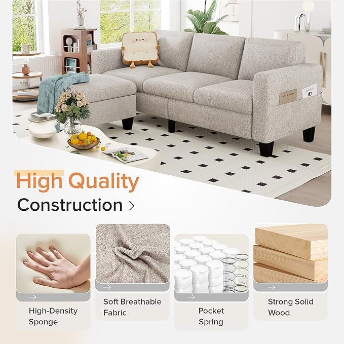 ZeeFu Convertible Sectional Sofa Couch 3 Seat L-Shaped Sofa with Movable Ottoman Modern Mocha Brown Velvet Linen Upholstered Small Sectional Sofa Couch for Small Space Apartment Living Room Office
