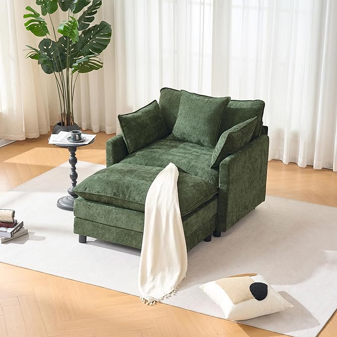 KEIKI Oversized Armchair with Ottoman Chenille Upholstered Sofa Bed Wide Accent Chair Perfect for Living Room Bedroom Apartment Green