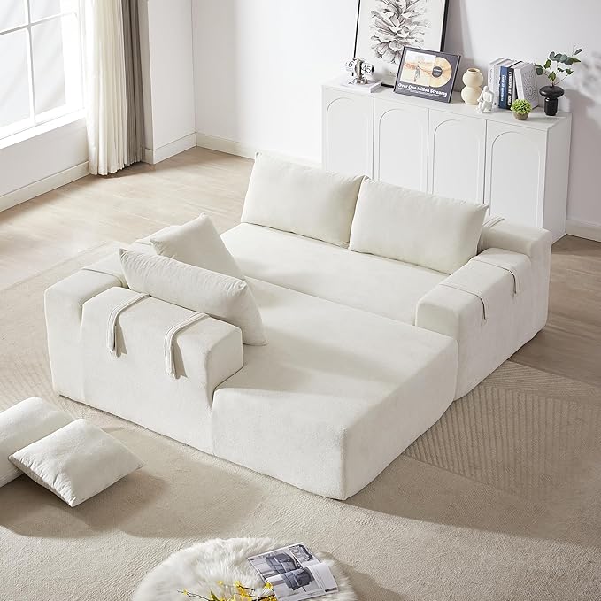 Yoglad Modern L-Shape Modular Upholstered Sofa with Versatile Configuration Comfortable Deep Seat and 6 Pillows for Living Room or Office (Face The Left Chenille Lvory Sofa)