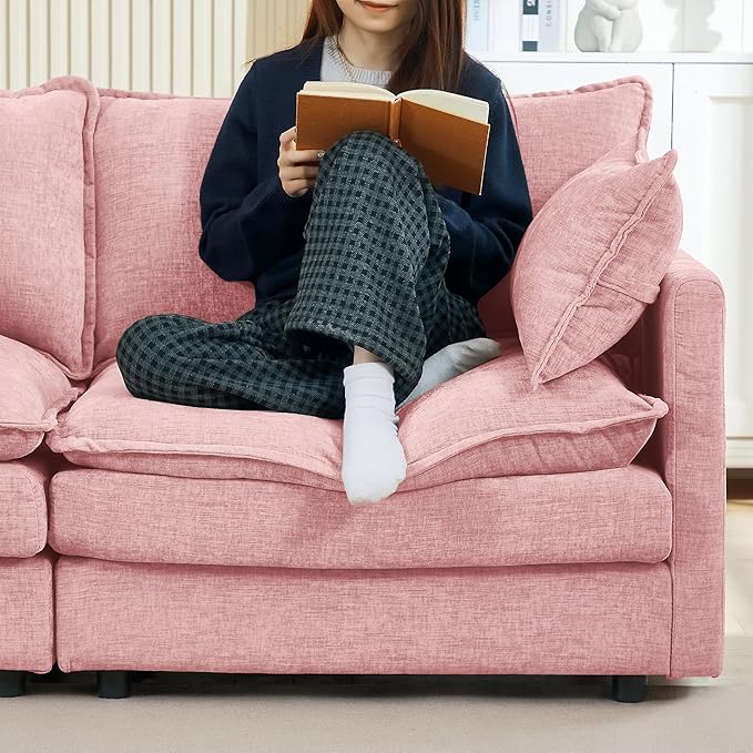 Pink Sectional Modular Sofa Cloud Couch 105 Modern Convertible L-Shape Sofa Deep 3-Seater Soft Chenille Comfy Upholstered with Removeable Ottoman Set and Removable Cushions for Living Room