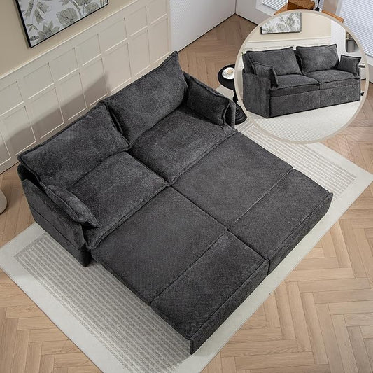 73.6 Inch Pull-Out Sofa Bed 3-in-1 Corduroy Sleeper Sofa with Storage &amp USB/Type-C Ports Convertible Couch for Living Room Bedroom Apartment (Grey)