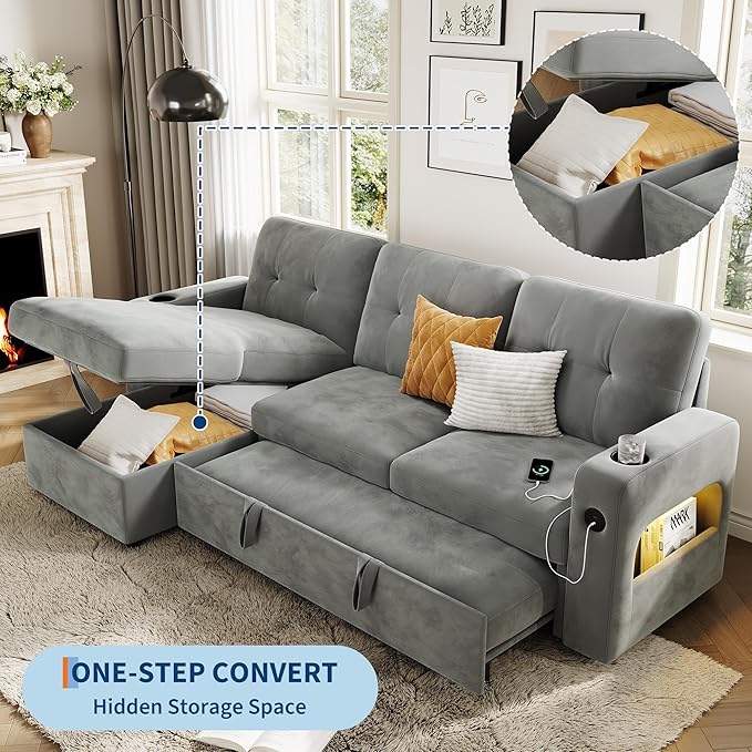 IDEALHOUSE 84 Sleeper Sofa with Storage &amp Charging Station Convertible Sectional Couch Bed with LED Lights Reversible Chaise Pull Out Sofa Bed for Living Room Apartment Velvet Light Grey