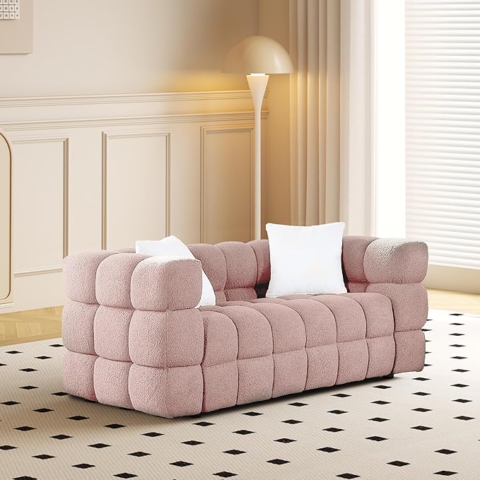 Modern Boucle Loveseat Couch for Living Room 61'' Sherpa Upholstered Sofa Couch Comfy Cloud Deep Seat Sofa Luxury Minimalist Plush Fluffy Couch for Small Apartment Office 2 Pillows Pink