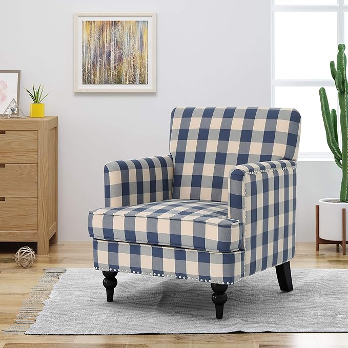 Christopher Knight Home Evete Tufted Fabric Club Chair Blue Checkerboard Dark Brown 32D x 28.75W x 34.5H in