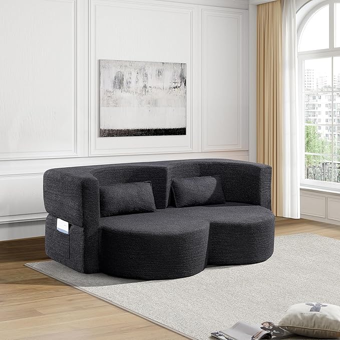 Convertible Folding Sofa Bed79”Full Size Floor Sleeper Boneless CouchTeddy Velvet Full Foam Futon Loveseat for Living Room BedroomNo Assembly Required (Black)