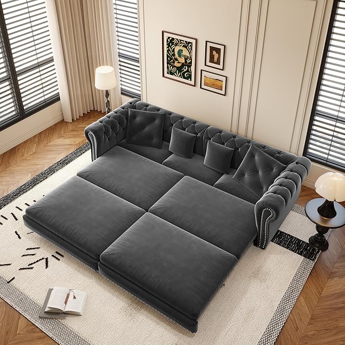 3-in-1 Pull Out Sofa Bed - 89 King Size Convertible Sleeper Sofa Large Velvet 3-Seater Sofa with Movable Ottoman Sleek Rivet Detailing Tufted Design Pull Out Couch (Gray)