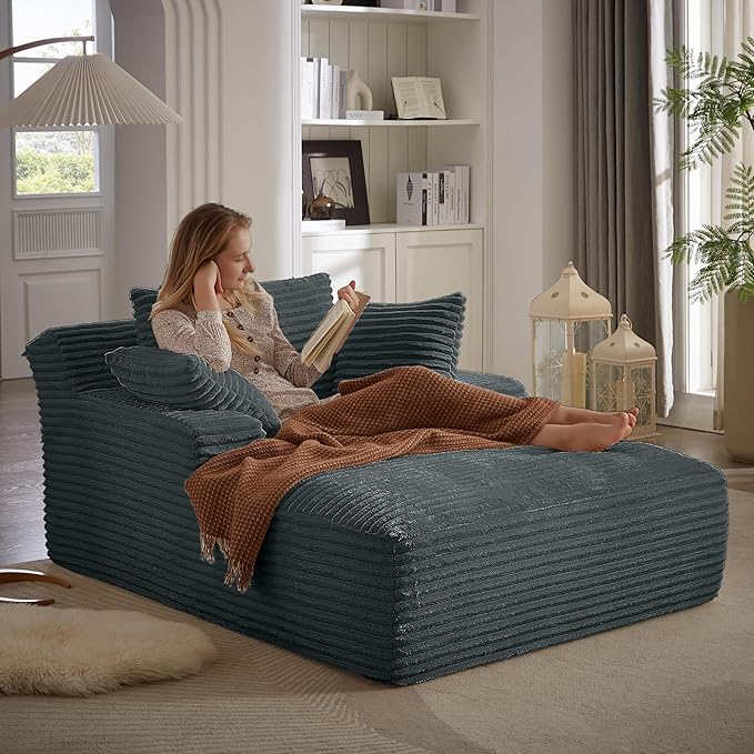 Oversized Chaise Lounge Chair Indoor Corduroy Sofa Bed with Throw Pillows Recliner Chair Comfy Large Deep Seat Sofa Couch for Living Room Bedroom Apartment (Dark Grey)