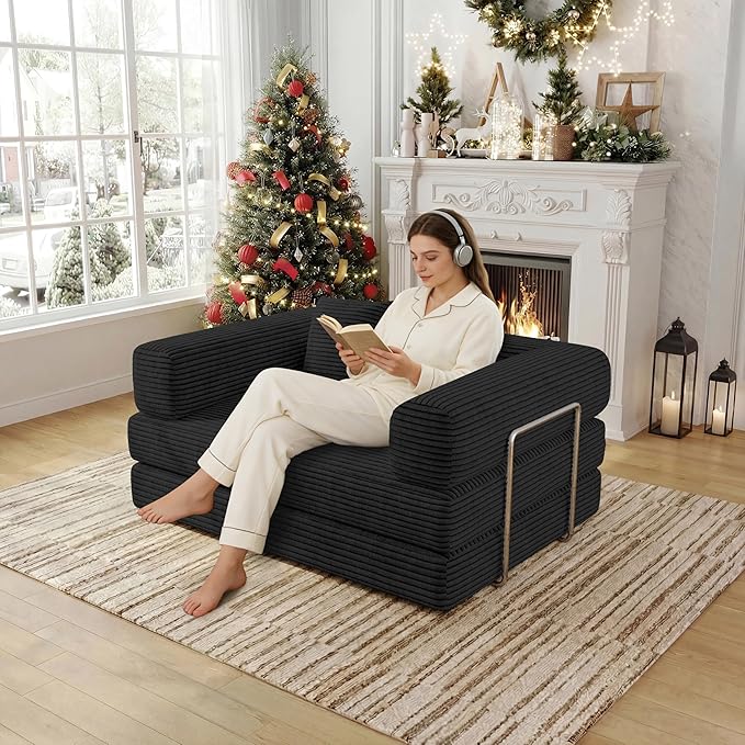 4-in-1 Foldable Sofa Bed Teddy Foam-Filled Compressed Couch Loveseat Sofa Boneless Foldable Convertible Sleeper Sofa Couch for Space Saving Living Room Guest Bed Playroom (Black 53.15Double Sofa)