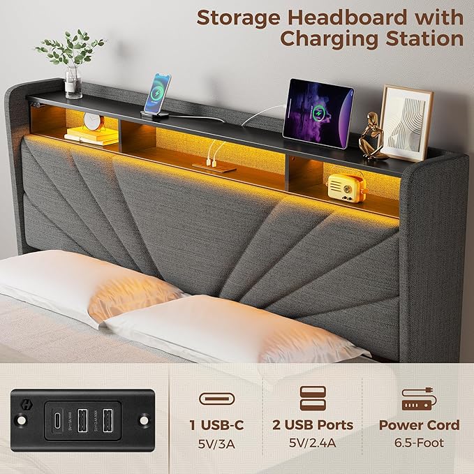 Rolanstar Queen Size Bed Frame Storage Headboard with Charging Station and LED Lights Upholstered Bed with Heavy Duty Wood Slats No Box Spring Needed Noise Free Easy Assembly Dark Grey