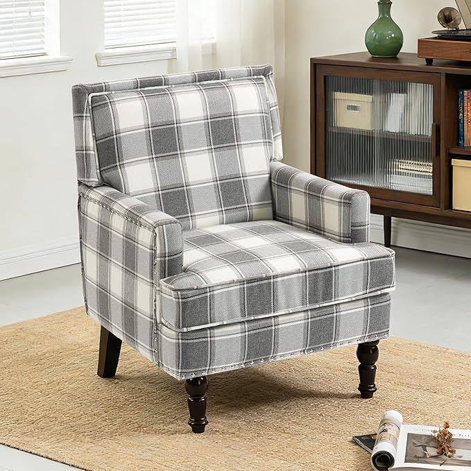 Accent Chair Plaid Modern Comfy Mid-Century Accent Chairs Upholstered Lounge Arm Chair with Solid Wood Frame for Living Room/Bedroom-Gray Plaid