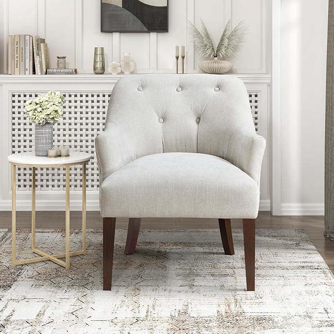 Lexicon Modern Accent Chair Textured Fabric Upholstered Arm Chair with Button Tufted Back Sloped Flared Arms and Wooden Legs for Living Room/Bedroom Oyster