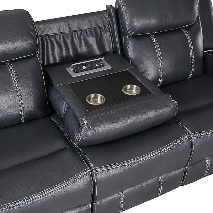 Lexicon Modern Double Recliner Sofa Faux Leather Reclining Sofa with Center Drop-Down Cup Holders Storage Pouch Receptacles USB Ports Manual Recliner Couch for Living Room/Office/Apartment Blue