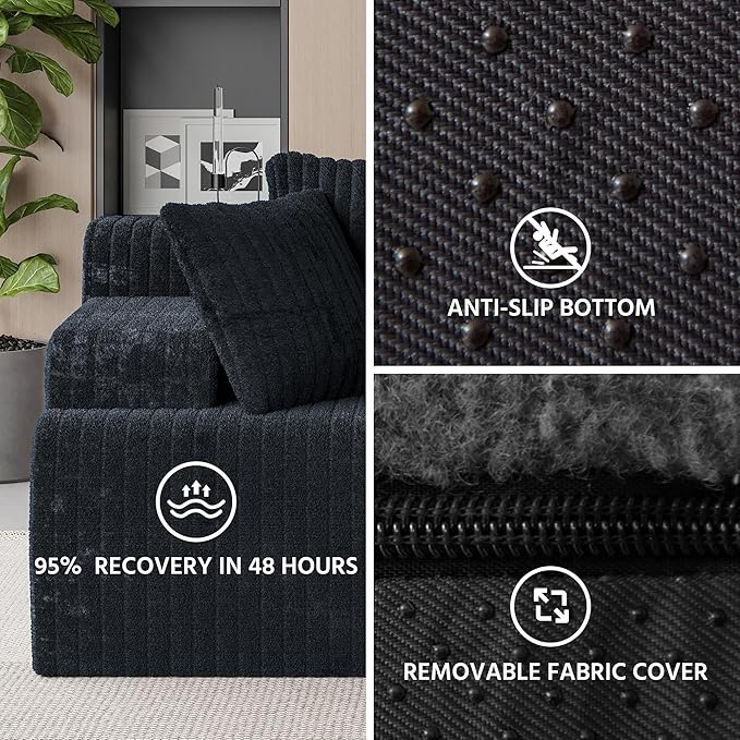 LAUSAINT HOME 96 Modular Sectional Sofa Couches L-Shaped Boneless Cloud Sofa with 3 Deep Seat 5 Cushiones Oversized Chaise for Living Room Bedroom Plush Corduroy Fabric (Left Black)