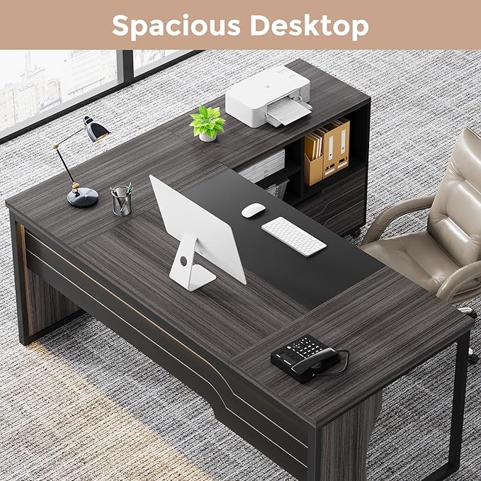 L Shaped Executive Computer Desk with Mobile File Cabinet and LED Light 63 inch Large Office Table Business Furniture with Storage and Drawers for Home Office Gray and Black