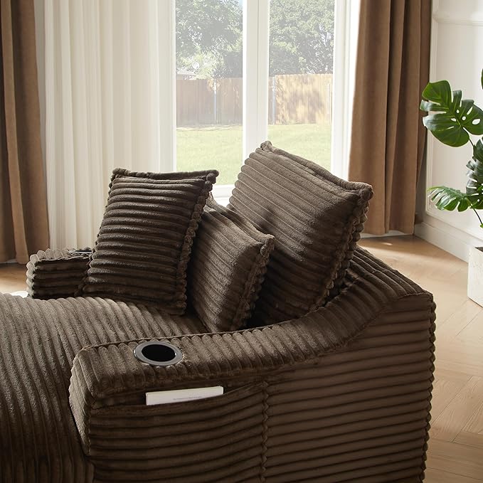 67 Chaise Lounge Chair Indoor Oversized Plush Corduroy Sleeper Sofa Chair Bed with Cup Holder Side Pockets &amp Pillows Boneless Couch for Living Room Bedroom - Brown