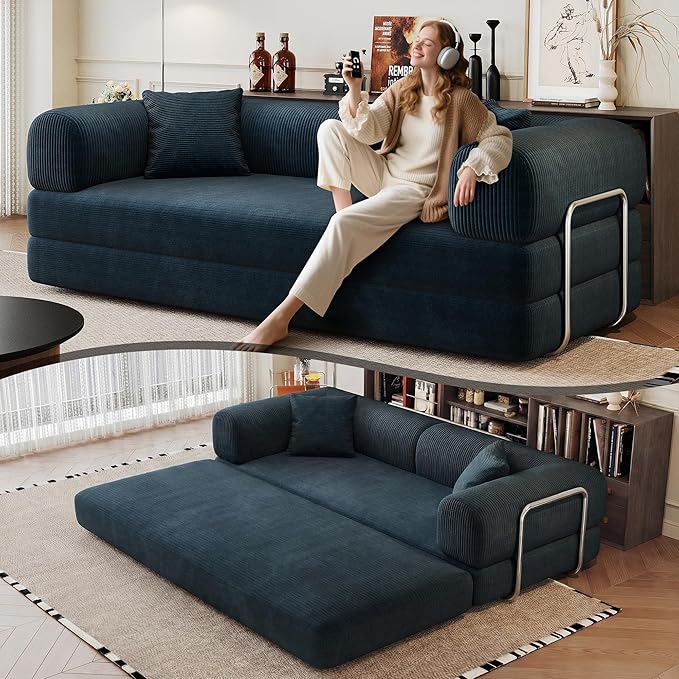 79 Convertible Sleeper Sofa Bed Modern Corduroy Floor Couch Bed with Silver Fixed-Shape Frame Modular Sofa with Pull Out Bed Loveseat Sleeper Boneless Couch for Living RoomBlue