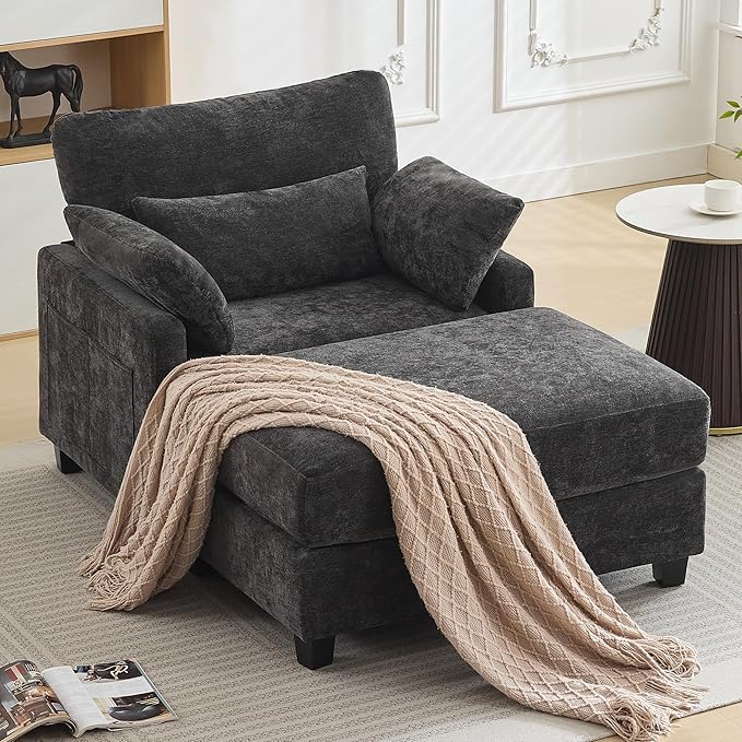 57.5 Oversized Chaise Lounge with Ottoman Indoor Grey Reading Chair with Ottoman &amp Sofa Bed Chenille Upholstered Comfy Sleeper Chair for Living Room Bedroom Office