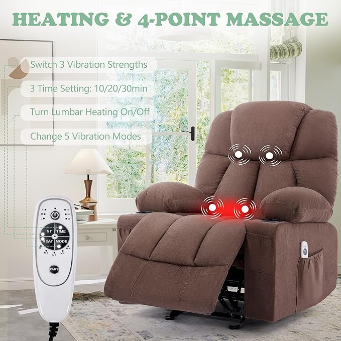 Manual Recliner Chair Rocker Recliner with Vibration Massage &amp Heat Ergonomic Reclining Fabric Living Room Chairs for Bedroom Nursery Single Sofa with 4 Pockets 2 Cup Holders Brown