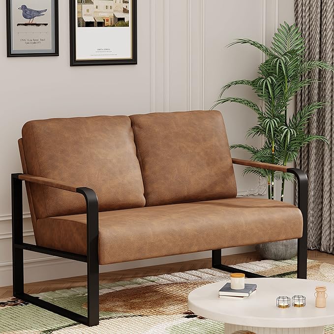 Love Seat Mini Couch Small Settee Loveseat Bench for Living Room Faux Leather Loveseat Sofa Couches for Small Spaces with Padded Cushion Mid Century Modern Light Brown Love Seats
