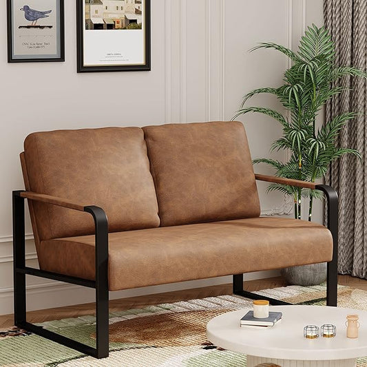 Love Seat Mini Couch Small Settee Loveseat Bench for Living Room Faux Leather Loveseat Sofa Couches for Small Spaces with Padded Cushion Mid Century Modern Light Brown Love Seats