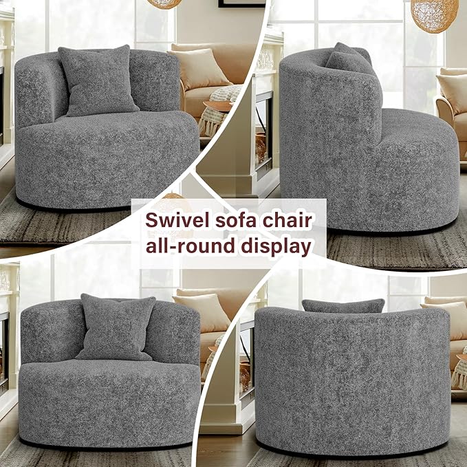 Swivel Accent Chair 360°Soft Accent Chairs Chenille Upholstered Living Room Chairs with Pillow and Curved Backrest No Assembly Arm Chair for Living Room/Bedroom/Office (Light Grey)