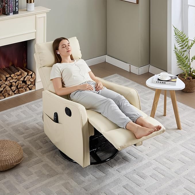 PELUMY 360 Swivel Rocking Recliner Chair for Adults Nursery Rocking Chair with Heat and Massage Glider Reclining Chair for Small Space Living Room Bedroom (Breathable Leather Creamy Beige)