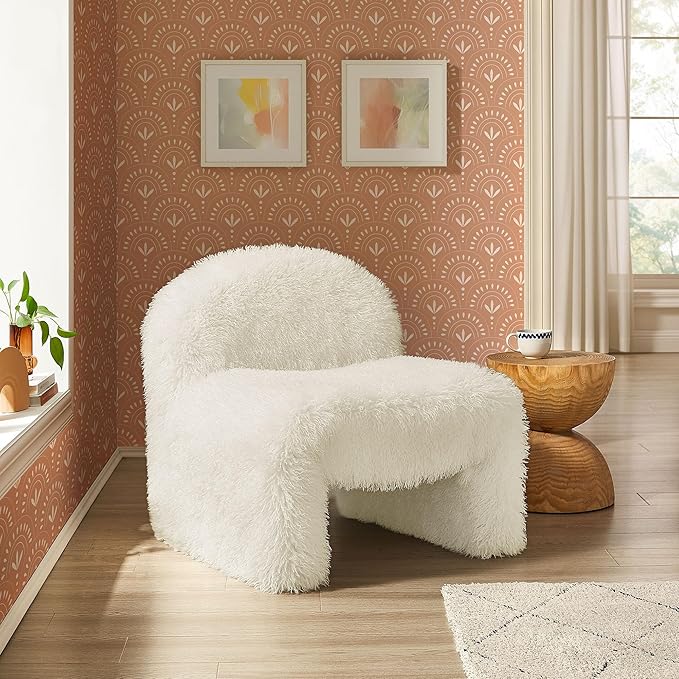 Modway Mina Faux Fur Accent Chair in White -Furry Slipper Lounge Chair for Bedroom Or Living Room