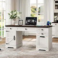 58'' Farmhouse Home Office Desk with Drawers Wooden Executive Desk with Charging Station File Drawers and Storage Cabinet Computer Desk for Work Study and Writing Rustic White