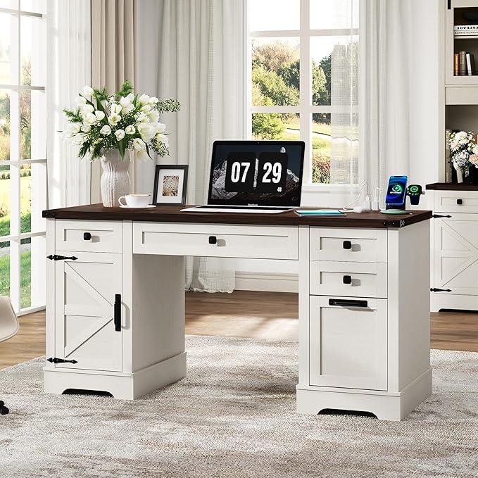 58'' Farmhouse Home Office Desk with Drawers Wooden Executive Desk with Charging Station File Drawers and Storage Cabinet Computer Desk for Work Study and Writing Rustic White