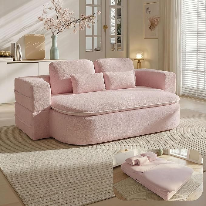 75'' Folding Sleeper Sofa Bed Convertible Memory Foam Boneless Couch Foldable Full Size Guest Bed Modern 2-in-1 Futon Floor Sleeper Sofa with 4 Pillows and Blanket (Teddy Pink2)