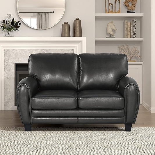 Homelegance 61.5W Rubin Modern Loveseat with Track Arms Foam Cushions Comfort 2 Seater Couch Faux Leather Love Seat for Living Room Apartment Office Easy Assembly Black