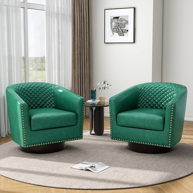 Pia Ricco Faux Leather Swivel Barrel Accent Chairs 360° Swivel Round Single Sofa Chair Comfy Upholstered Club Armchair with Nailhead Trim for Living Room/Reading Room/Bedroom Green