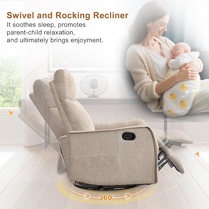 Manual 360° Swivel Rocker Recliner Chair for Adults Overstuffed Glider Chair for Nursery with Vibration Massage and Heat Comfy Soft Fabric Glider with Side Pockets for Living Room Khaki