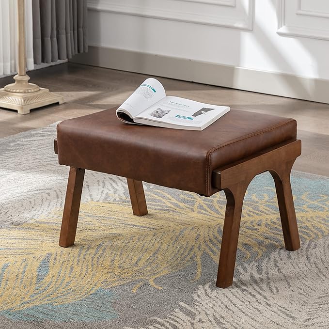chairus Mid-Century Modern Brown Faux Leather Accent Chair with Ottoman Comfy Upholstered Lounge Armchair with Removable Cushion &amp Solid Wood Frame Retro Reading Chair for Living Room Bedroom Of