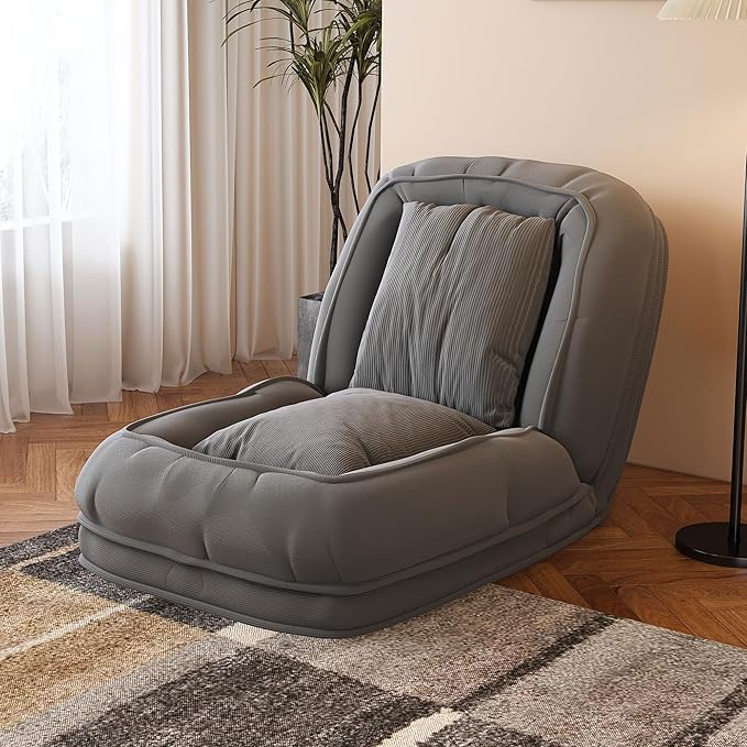 Foldable Lazy Sofa Bed Floor Chair Upholstered Human Dog Bed with 5 Adjustable Position Comfy Tatami Lounge Chair with 2 Pillows Lazy Sofa for Bedroom Living Room Reading (Grey)