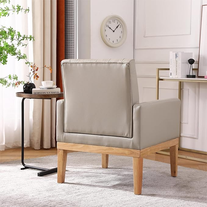 Generic PU Leather Accent Chair Upholstered Lounge Single Sofa Armchair Comfortable Armchair with Wooden Legs in Log Color Modern Button Reading Chair for Bedroom Living Room Off White