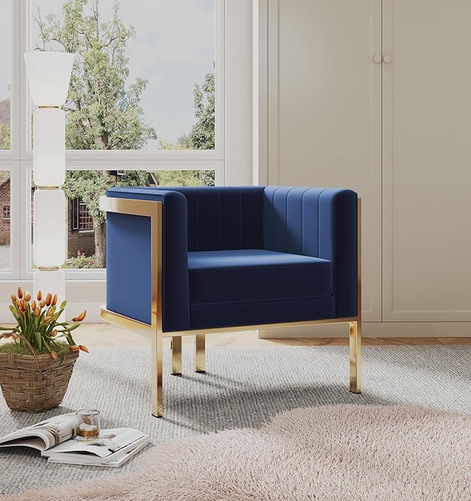Manhattan Comfort Paramount Velvet Accent Armchair Set of 1 Polished Brass Frame with Geometric Legs Art Deco Chair 1920s Glamour Fully Assembled Living Room Lounge Seat Royal Blue