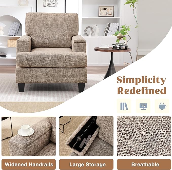 Accent Chairs Set of 2 with Armrest Storage Modern Upholstered Reading Living Room Chairs Comfy Large Armchairs Fabric Single Sofa Chair for Bedroom (Yellowish Brown)