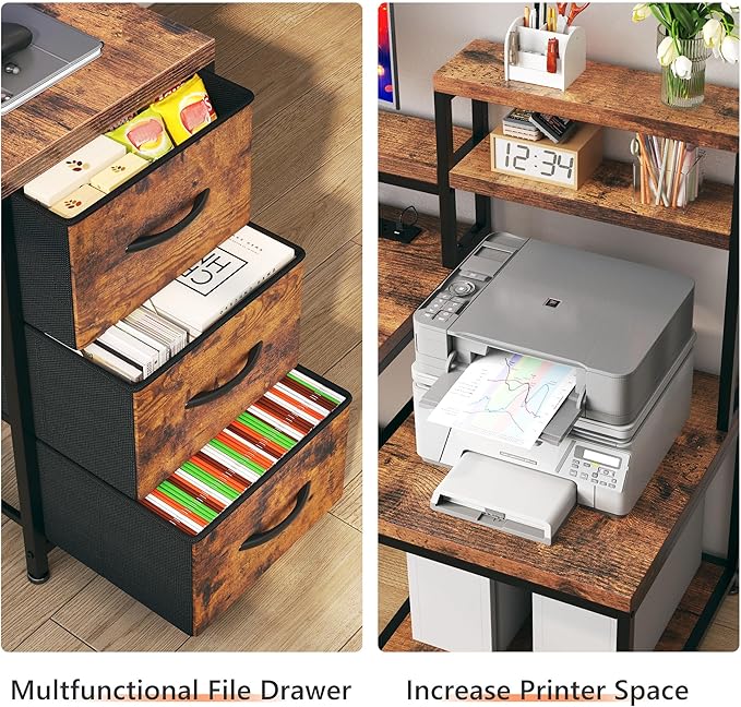 EnHomee 71 L Shaped Computer Desk with 3 Drawers &amp HutchReversible Gaming Desk with LED Lights &amp Power OutletHome Office Desks with Monitor Stand &amp Printer Shelf for Student School Rust