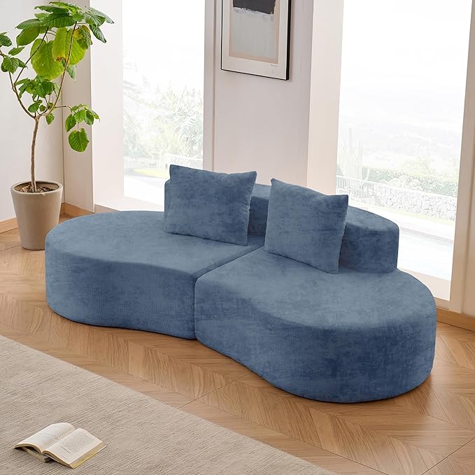 94.5'' Curved Sofa Chenille Fabric &amp Memory Foam Deep Seat Cloud Couch with 2 Pillows Modern 4-Seater Sectional Sofa No Assembly Needed - Boneless Couches for Living Room Apartment (Blue)