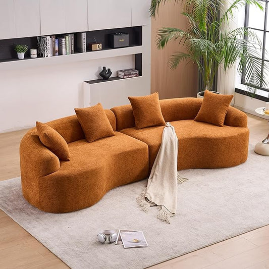 Oversized Sectional Sofa for Living Room 110 Modern Luxury Chenille 4-Seater Extra Deep &amp Wide Seat Curved Cloud Couch with 4 Throw Pillows No Assembly Needed Cream Orange