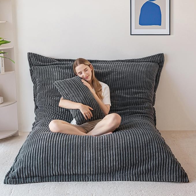 MAXYOYO Giant Bean Bag Chair with Pillow 3 in 1 Convertible Bean Bag Chair for Adults with Washable Cover Removable Floor Cushion Stuffed Floor Lounger for Living Room Bedroom Dark Grey Queen