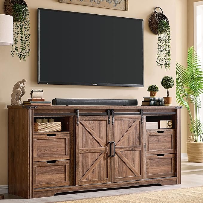 JXQTLINGMU Farmhouse TV Stand for 75+ Inch TV 32 Tall Entertainment Center w/4 Drawers &amp Sliding Barn Door Rustic Media Console w/Storage Shelves 66 Wood Television Stand for Living Room Bro