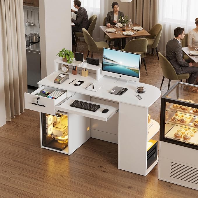 Modern Reception Desk with LED Light and Open Shelves Front Desk with Lockable Drawers &amp Keyboard TrayReception Counter Table with Storage for Checkout Office Lobby Nail Salon Spa (C.White)